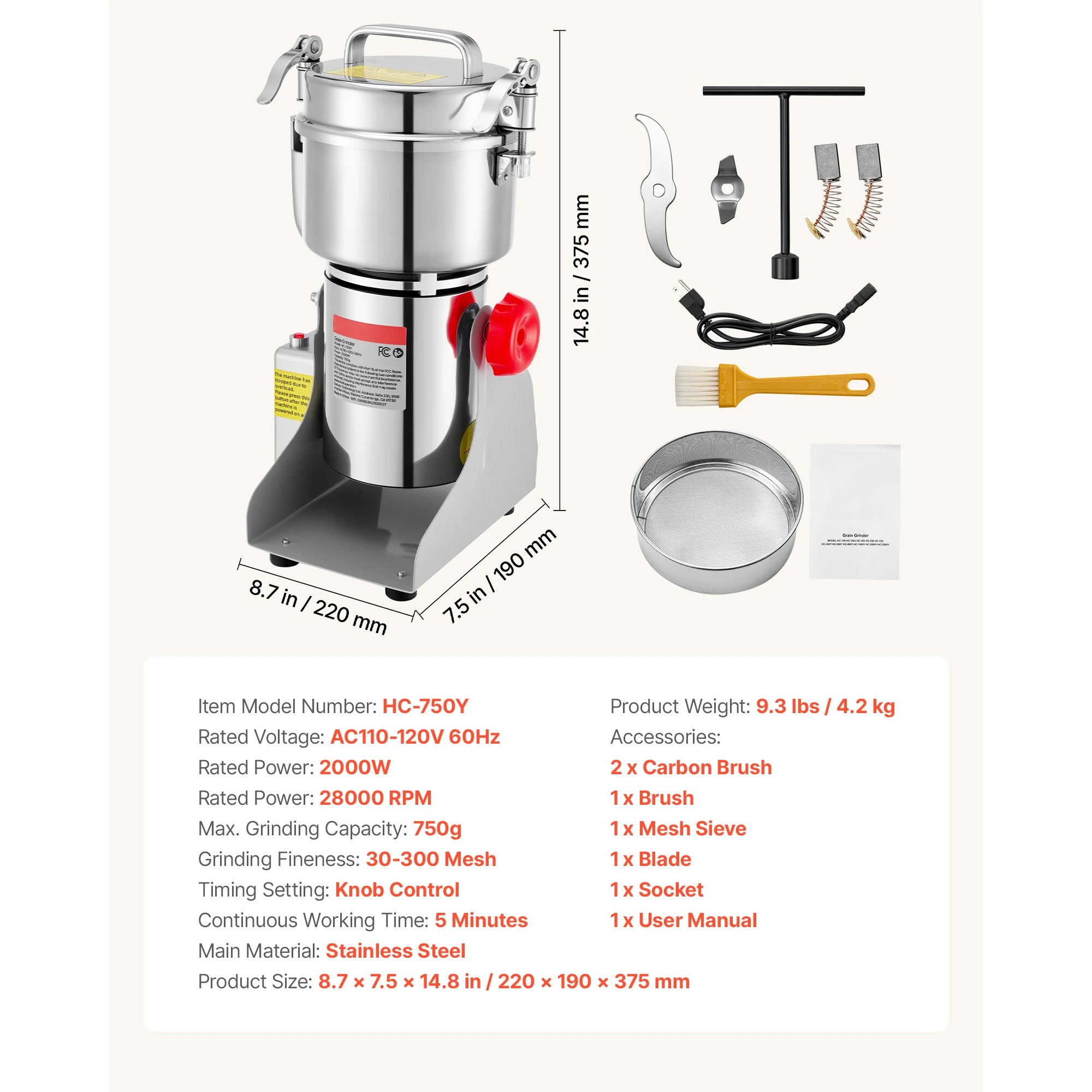 SucceBuy Electric Grain Mill Grinder 28000/32000RPM High Speed Stainless for Dried Grains Coffee Beans Spices 270° Swing Type