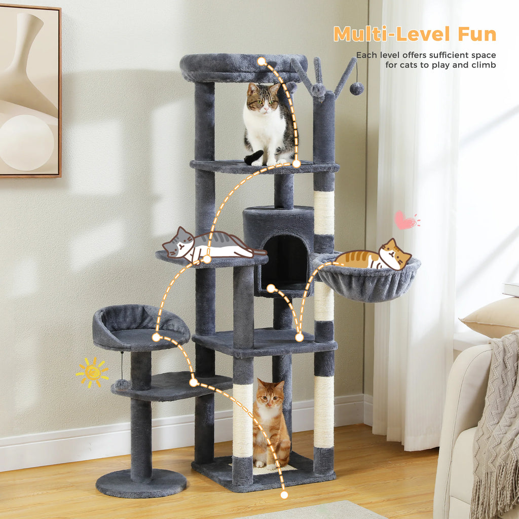 Multi-Level Cat Tree with Scratching Post Hammock Large Perches Hanging Balls Tall Cat Tower for Indoor Spacious Cat Condo House