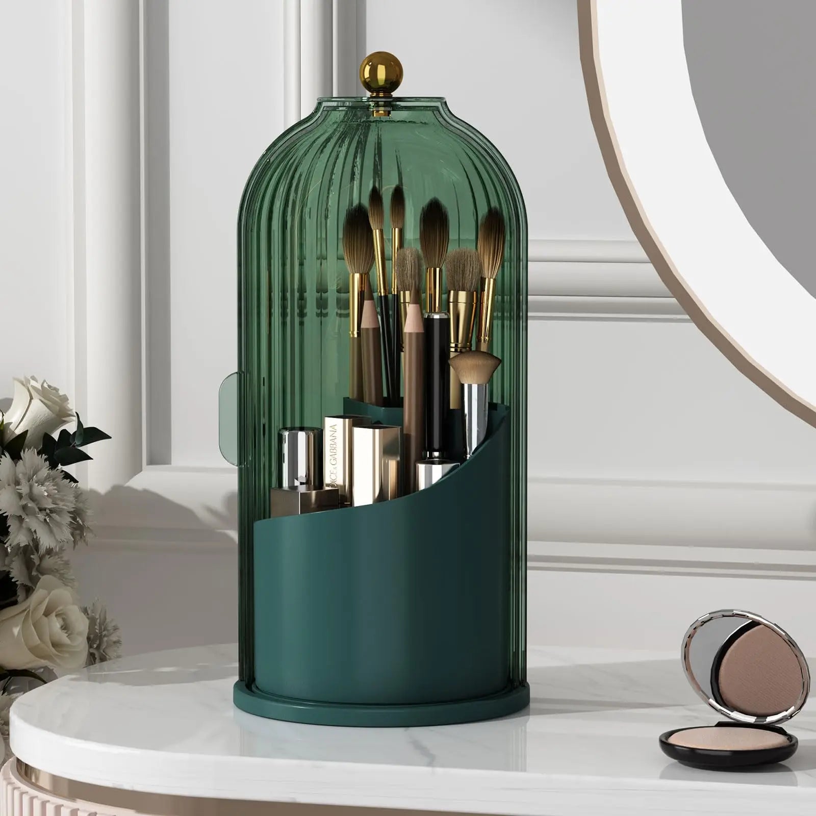 YOOLENS Makeup Brush Holder Organizer with Lid,360 Rotating Clear Dustproof Makeup Brushes Organizer for Vanity Desktop Bathroom