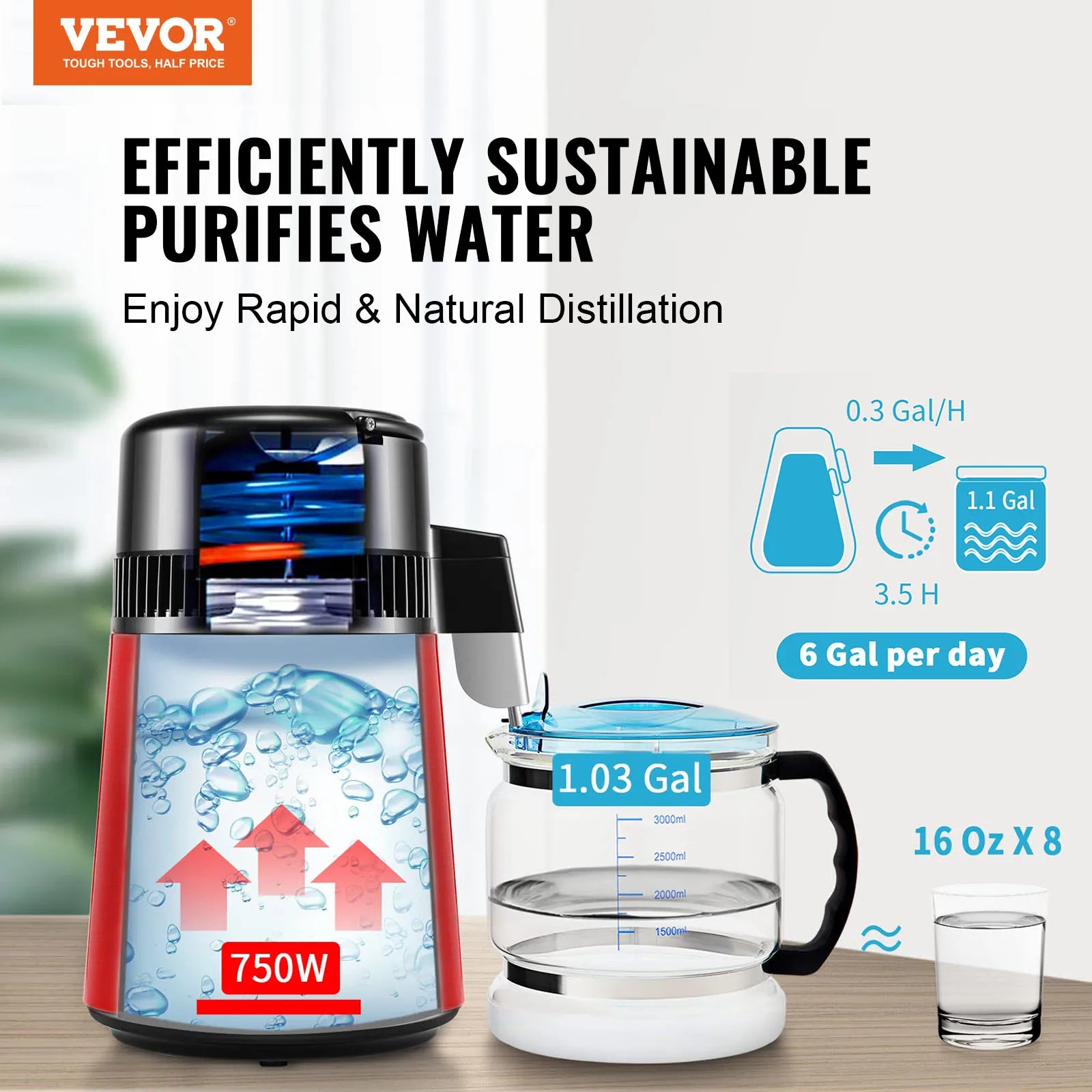 SucceBuy Water Distiller 4L 1.05 Gallon Pure Water Purifier Filter For Home Countertop750W Distilled Water Maker Stainless Steel