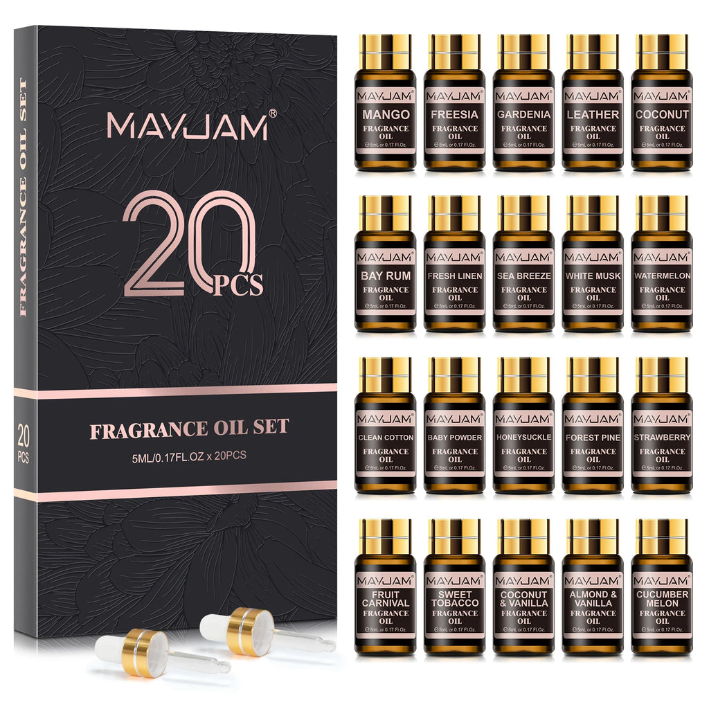 MAYJAM Fragrance Oils Kit 20pcs/set Coconut & Vanilla White Musk Watermelon Strawberry Oil for Humidifier Diffuser Candle Making