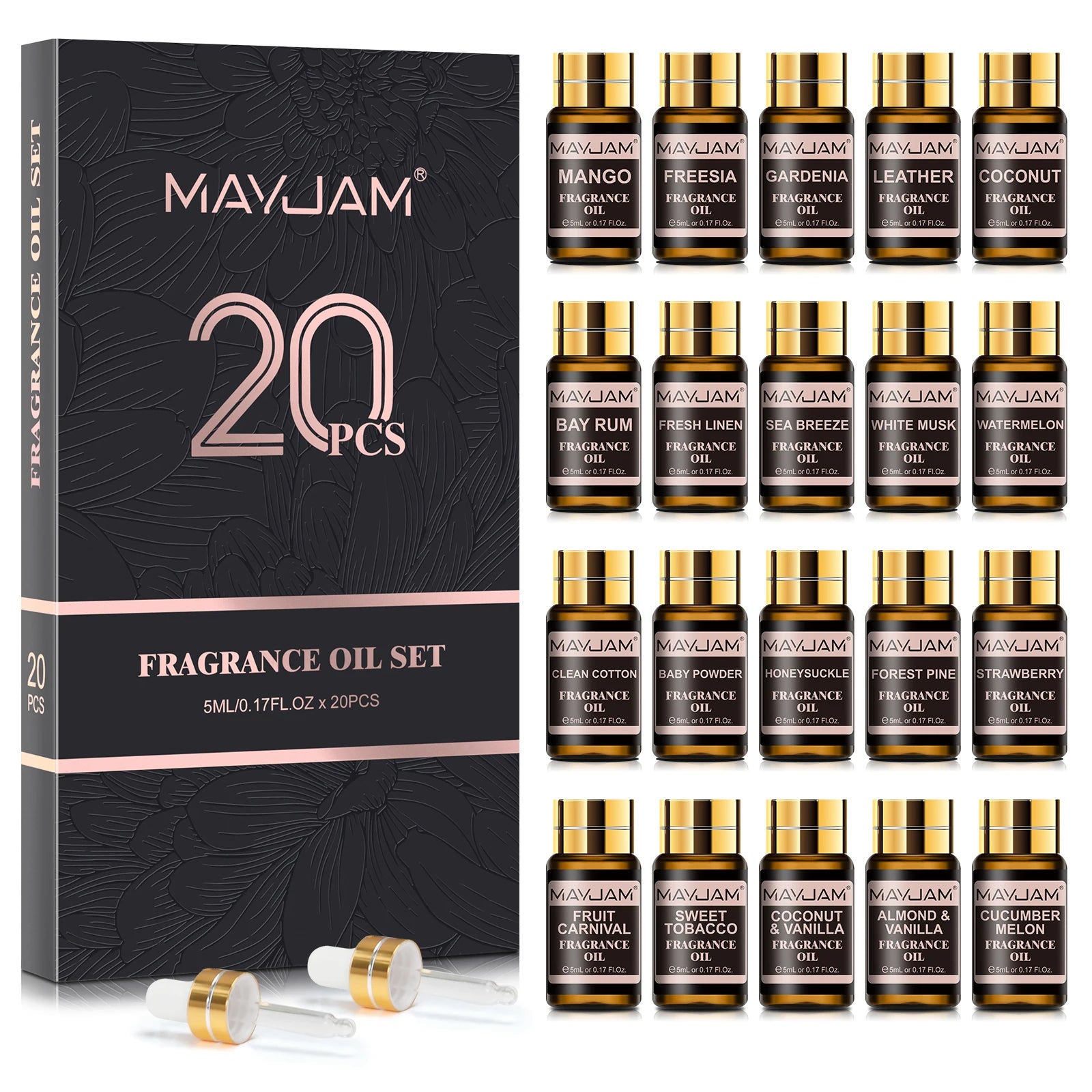 MAYJAM Fragrance Oils Kit 20pcs/set Coconut & Vanilla White Musk Watermelon Strawberry Oil for Humidifier Diffuser Candle Making