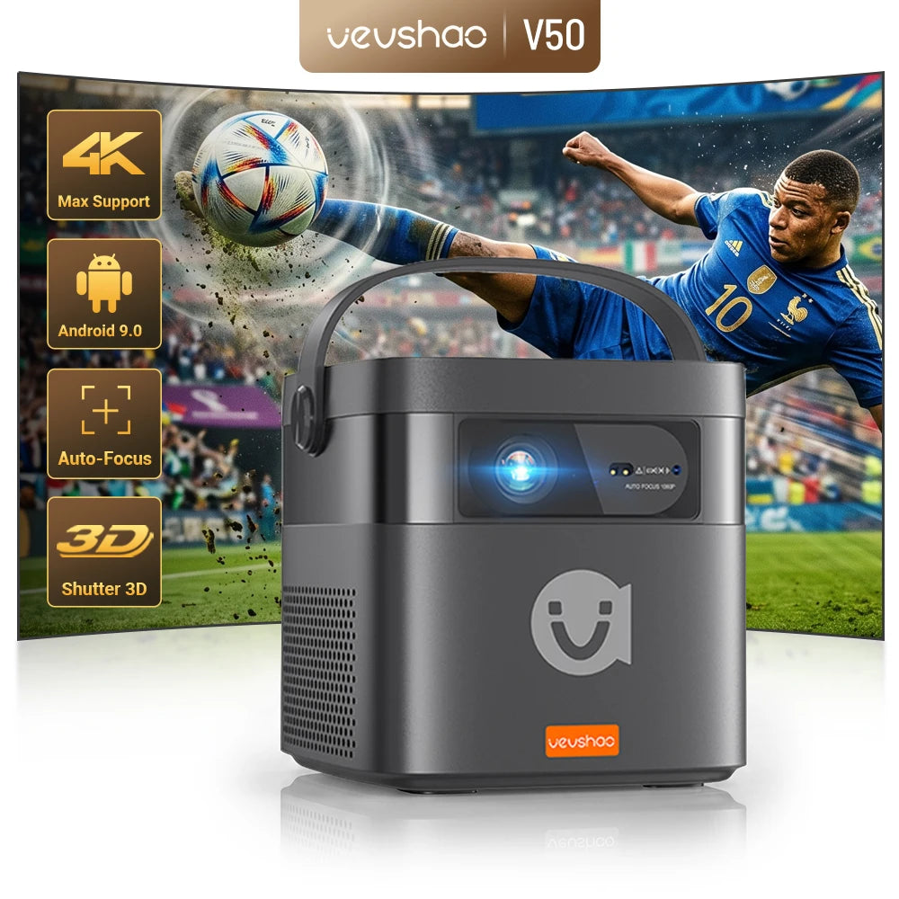 VEVSHAO V50 400ANSI DLP Projector Android 9.0 TOF Focus 3D Dual-band WiFi Bluetooth 5.0 15000mAh Battery Home Theater
