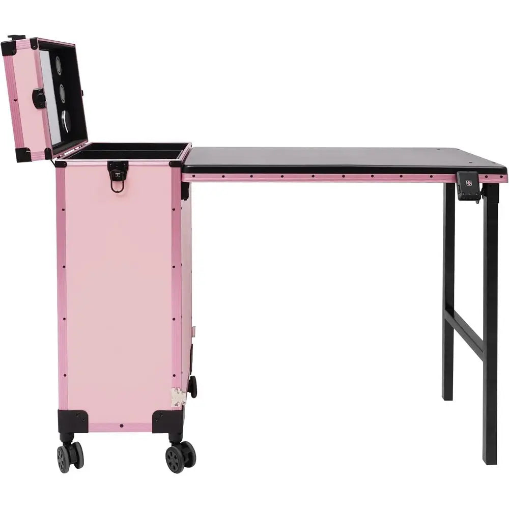 Portable Rolling Makeup Case with 3 Drawers, Adjustable Lighted Mirror, Travel Cosmetic Organizer, Manicure Desk & Nail Artist S