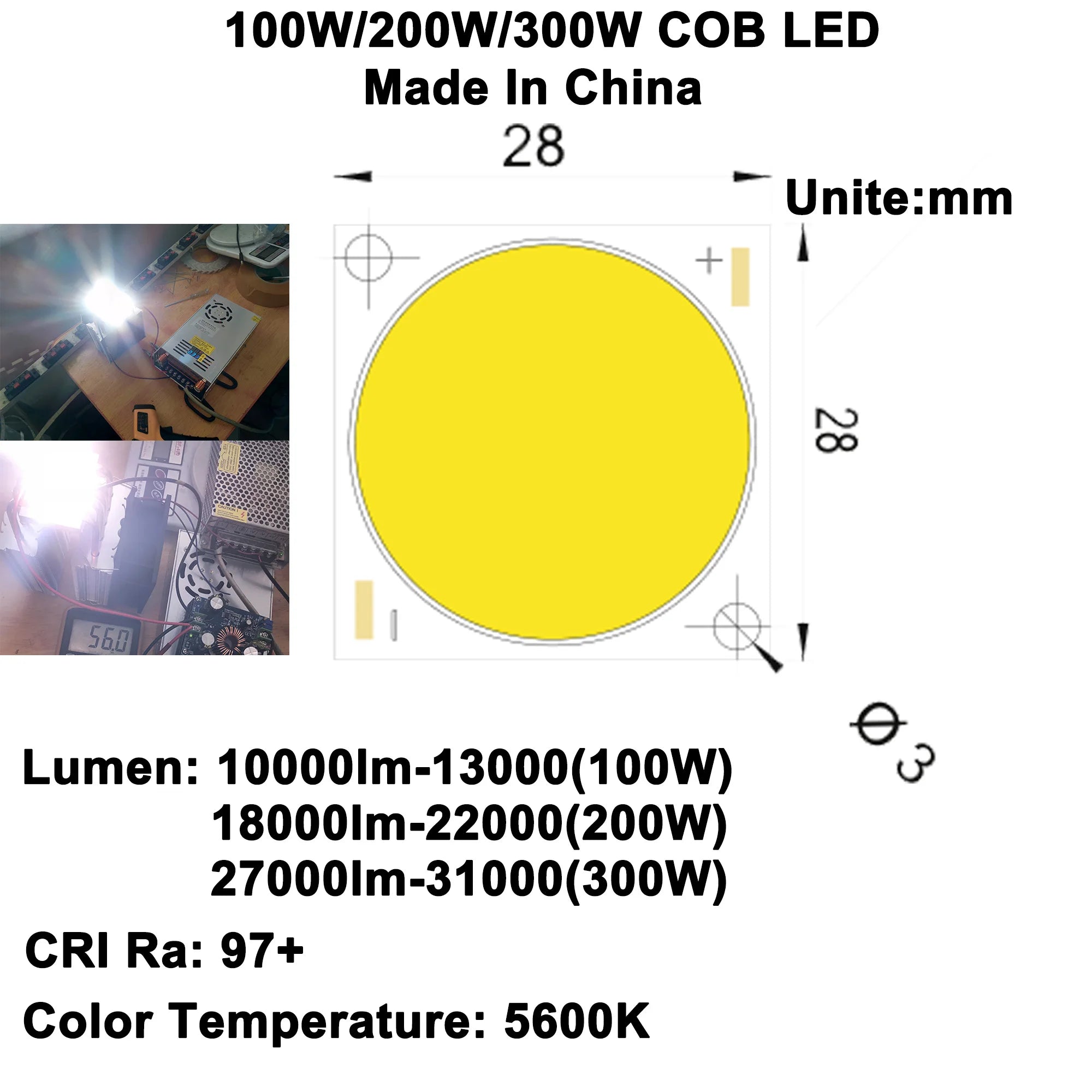 High CRI Ra 95-97 100W 200W 300W 28mm COB LED Ultra Bright Daylight White 5600K for DIY Flashlight Home Cinema Projector