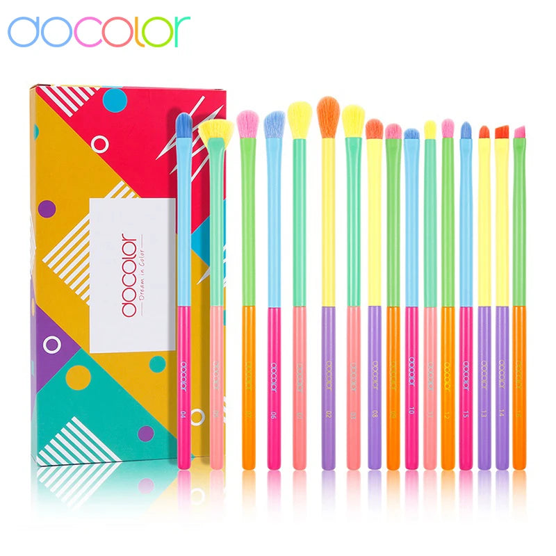 Docolor Eyes Makeup Brushes 15pcs Colorful Professional Eyebrow Eyeshadow Eyeliner Blending Makeup Brushes Set Eye Cosmetic Tool