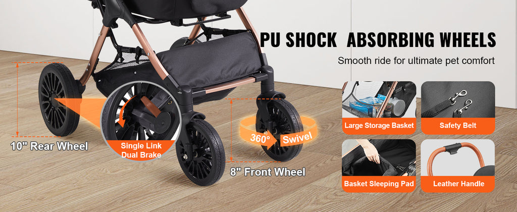 SucceBuy 66 lbs Pet Stroller Foldable Dog Puppy Stroller with Brakes Storage Basket Detachable Carrier for Small to Medium Dogs